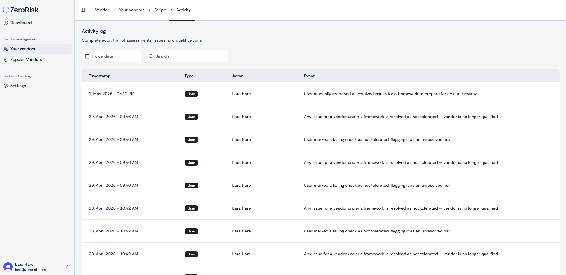 Activity log — timestamped audit trail of every reviewer action against a vendor