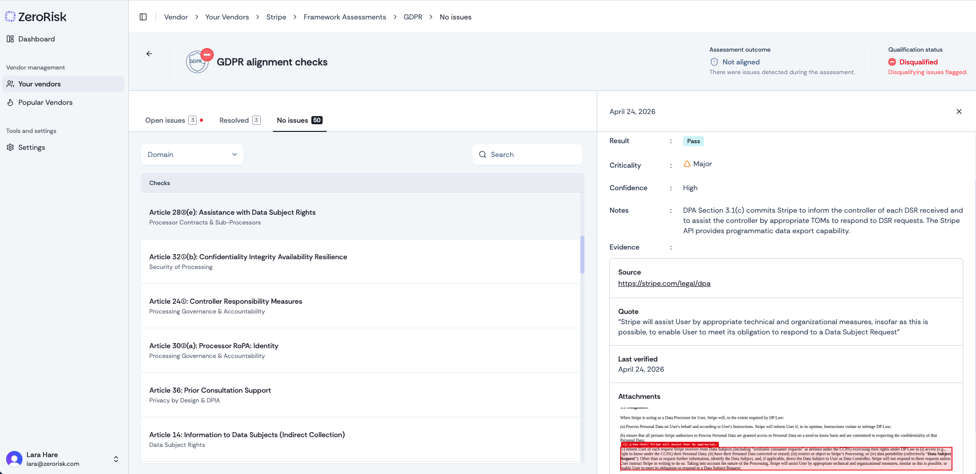 Framework check detail — source URL, quote, last verified, highlighted passage in the vendor's DPA