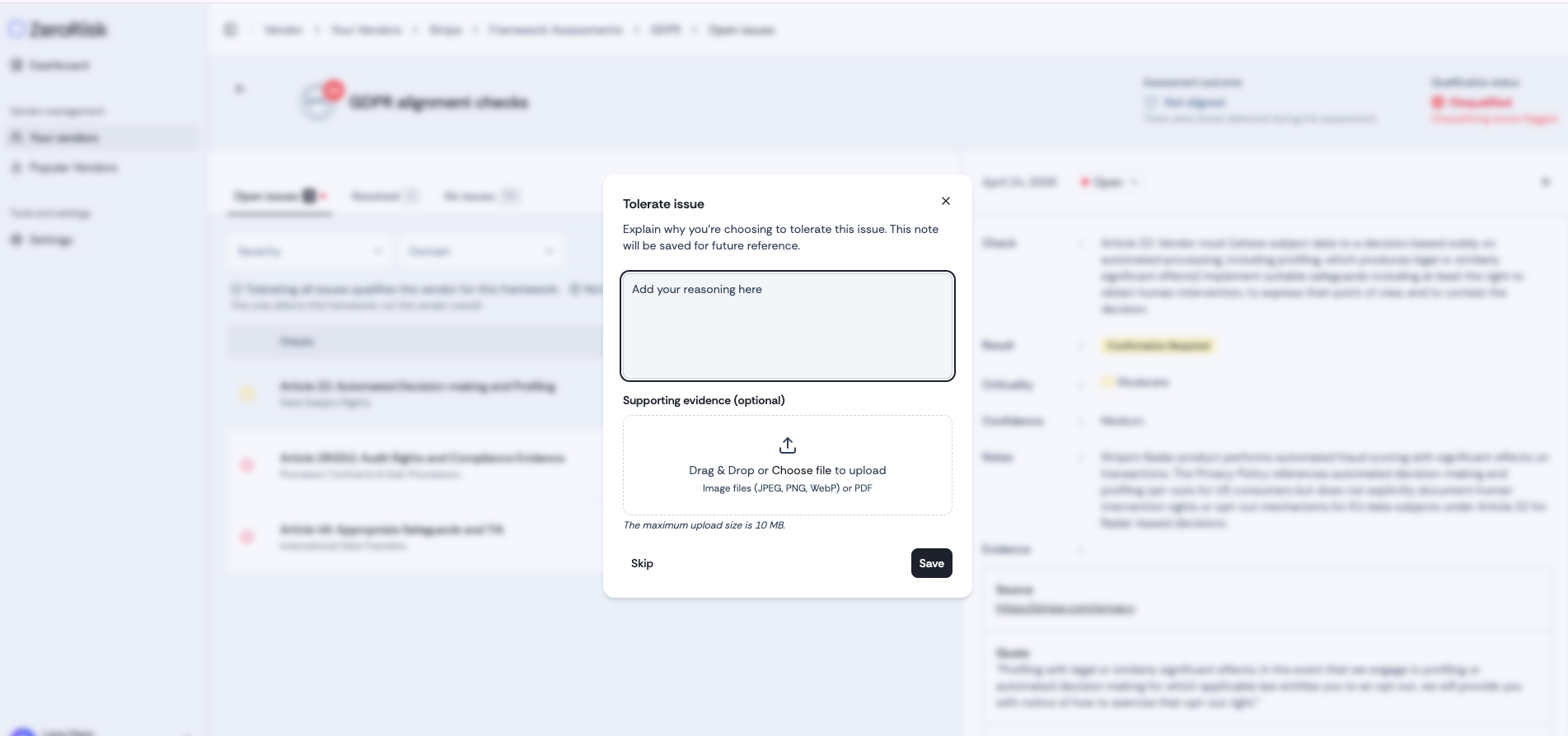 Tolerate issue modal — capture the reasoning and supporting evidence for accepted risks