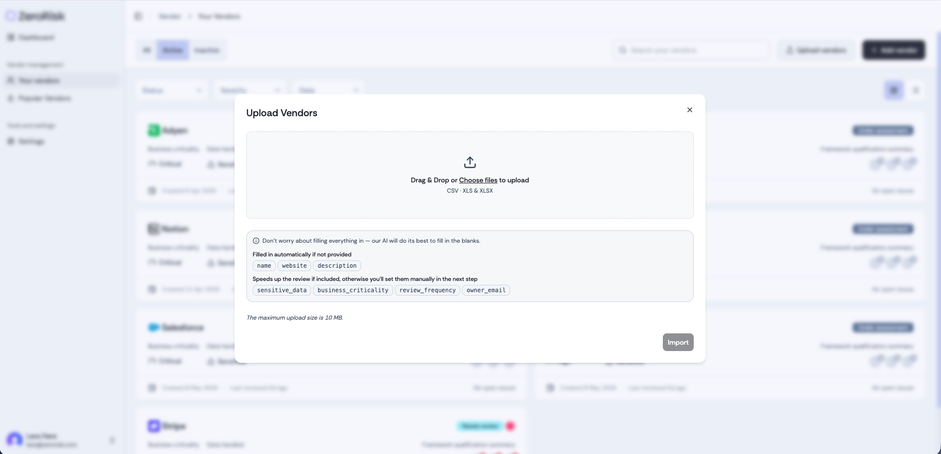 Bulk upload vendors via CSV, XLS or XLSX with AI auto-fill